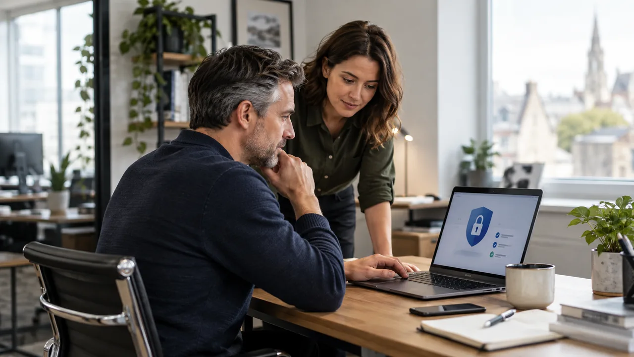Small business directors reviewing cyber security controls on a laptop in a modern office