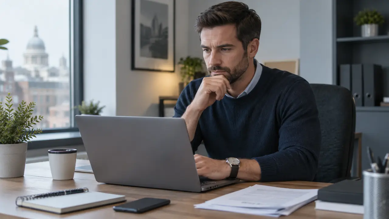 Business owner reviewing a possible phishing incident on a laptop in a modern office