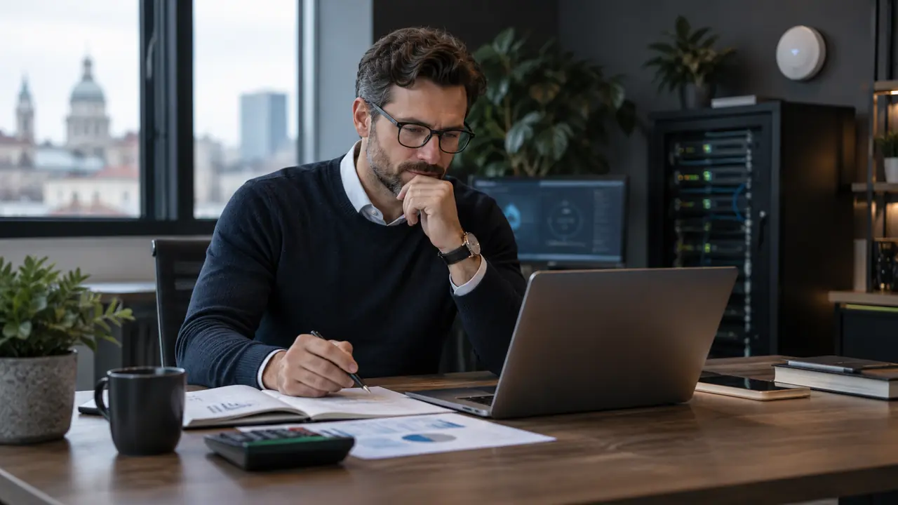 Small business owner reviewing IT support costs and technology services in a modern office
