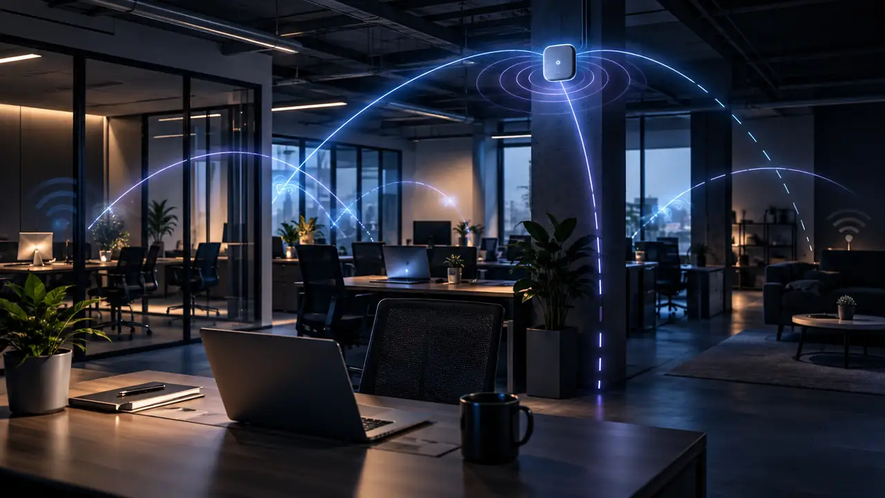 Modern office with a wireless access point and visual Wi-Fi coverage paths across work areas